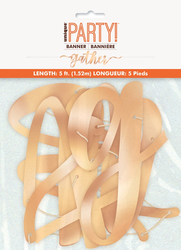 Copper metallic script letters spelling "gather" banner with a shiny finish, 5 feet long, packaged in clear plastic.