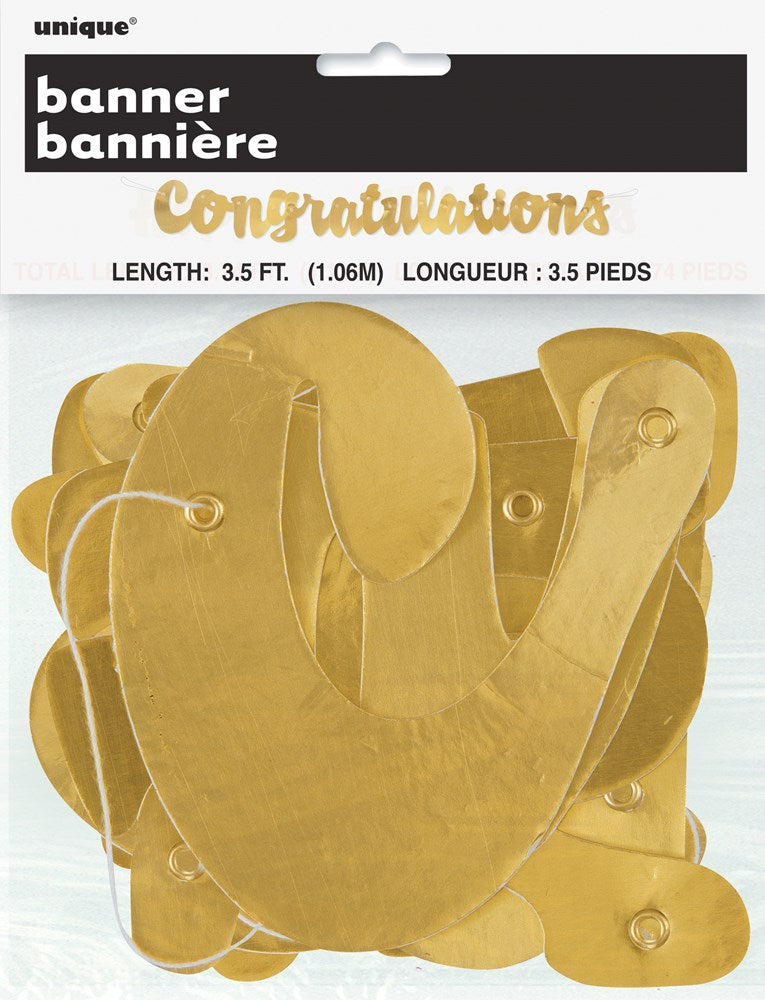 Shiny gold foil letters spelling Congratulations banner with string, 3.5 ft long.
