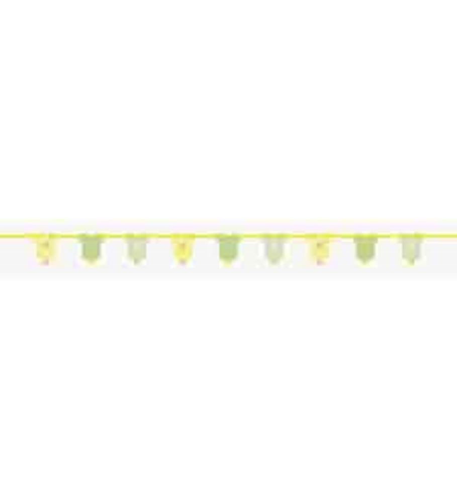 Yellow and green baby onesie cutout banner with polka dot patterns on white string.