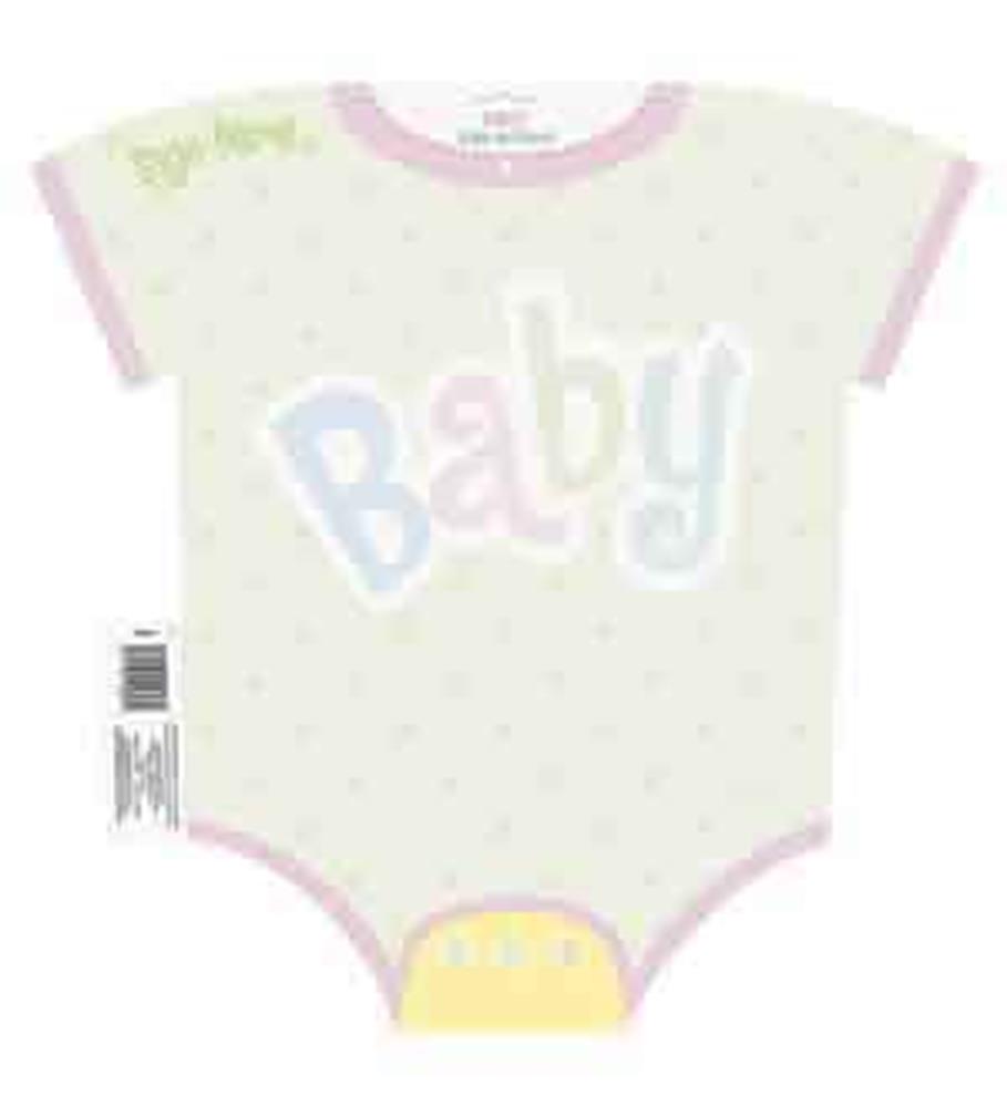 Cream-colored baby onesie-shaped sign-in sheet with pastel polka dots and "Baby" text in blue, pink, and yellow letters,.