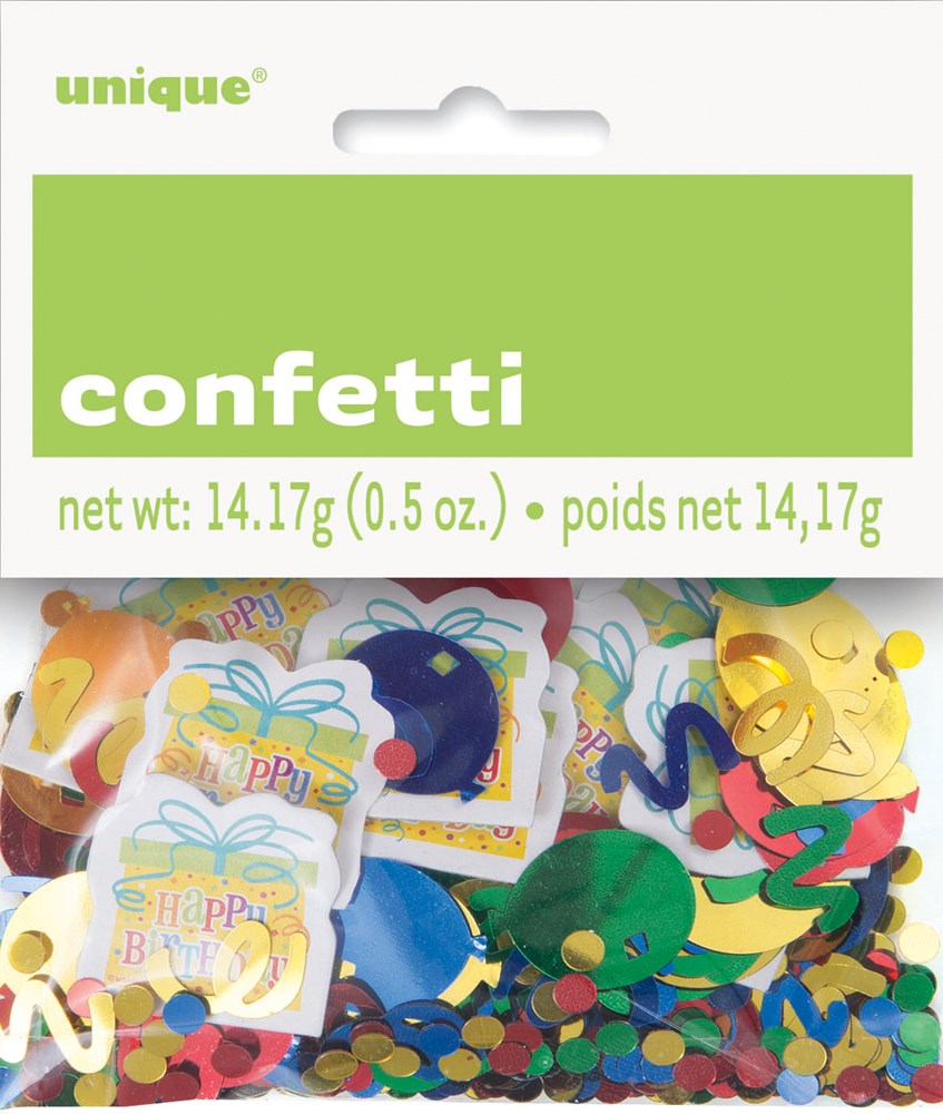 Colorful confetti mix with small present and balloon shapes in various colors inside clear packaging with green label.