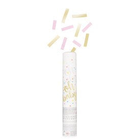 White cylindrical confetti cannon with gold "Oh Baby" lettering, ejecting pink, gold, and white paper confetti strips.
