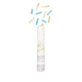 White confetti cannon with gold "oh baby" script and blue, white, and gold rectangular confetti spilling out.