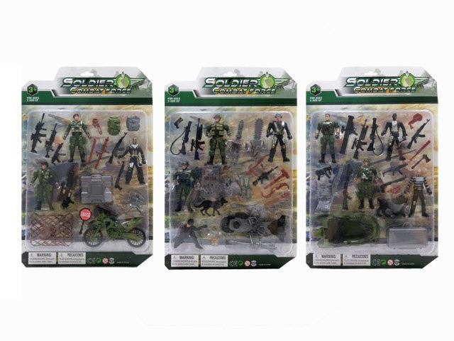 Three Soldier Force Play Sets each containing assorted green and black plastic army figures, vehicles, and weapons in clear.