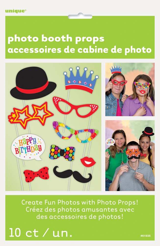 Colorful birthday photo booth props including a black top hat, gold star-shaped glasses, a blue crown, red cat-eye glasses,.