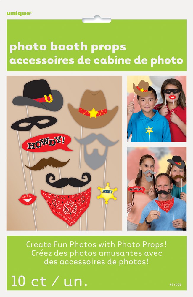 Set of 10 western-themed photo booth props on sticks including cowboy hat, sheriff badge, mustache, lips, bandana, mask, and