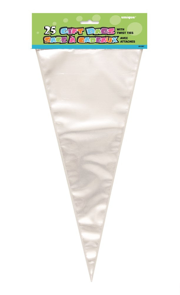 Clear large cone-shaped cello bag with pointed tip and wide open top, smooth transparent plastic.