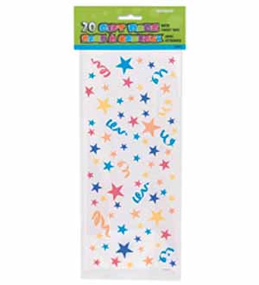 Clear cello bag decorated with colorful stars and swirls in blue, orange, and pink designs.