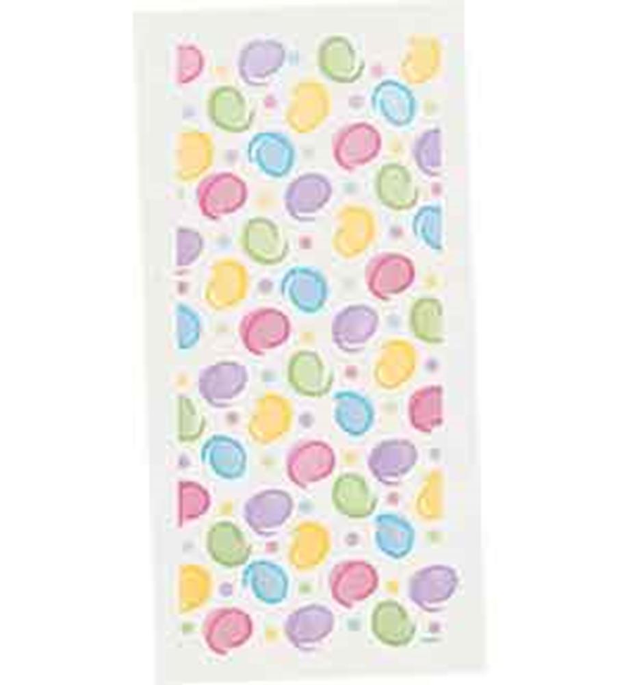 Clear cello bag with colorful pastel polka dots in pink, yellow, blue, green, and purple on a white background.