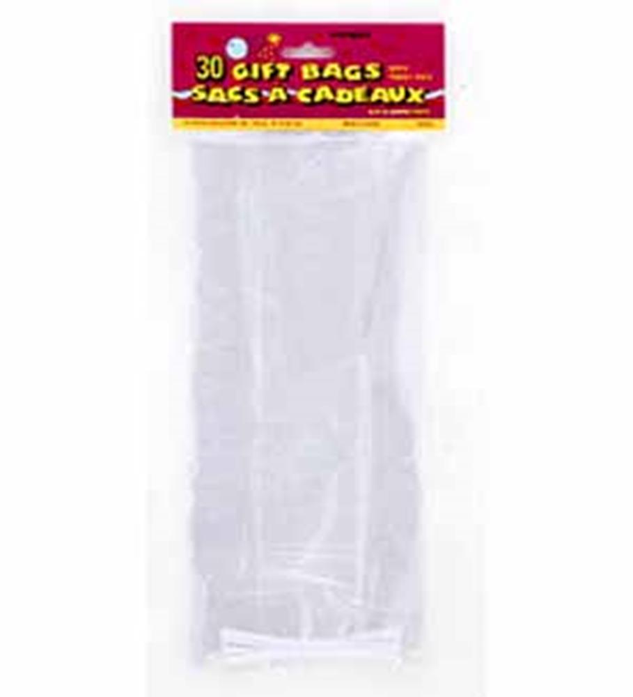 Clear rectangular cello gift bags stacked inside plastic packaging with red and yellow label reading "30 Gift Bags".