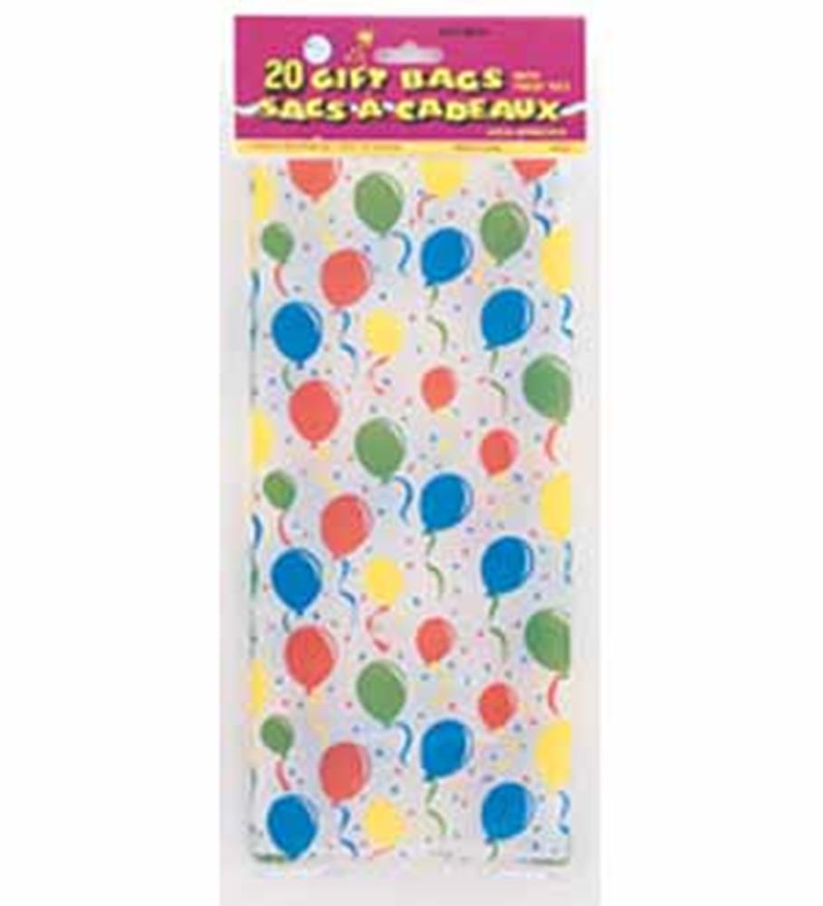 Clear cello bags with colorful balloon print in red, blue, green, yellow, and orange, 20 count pack.