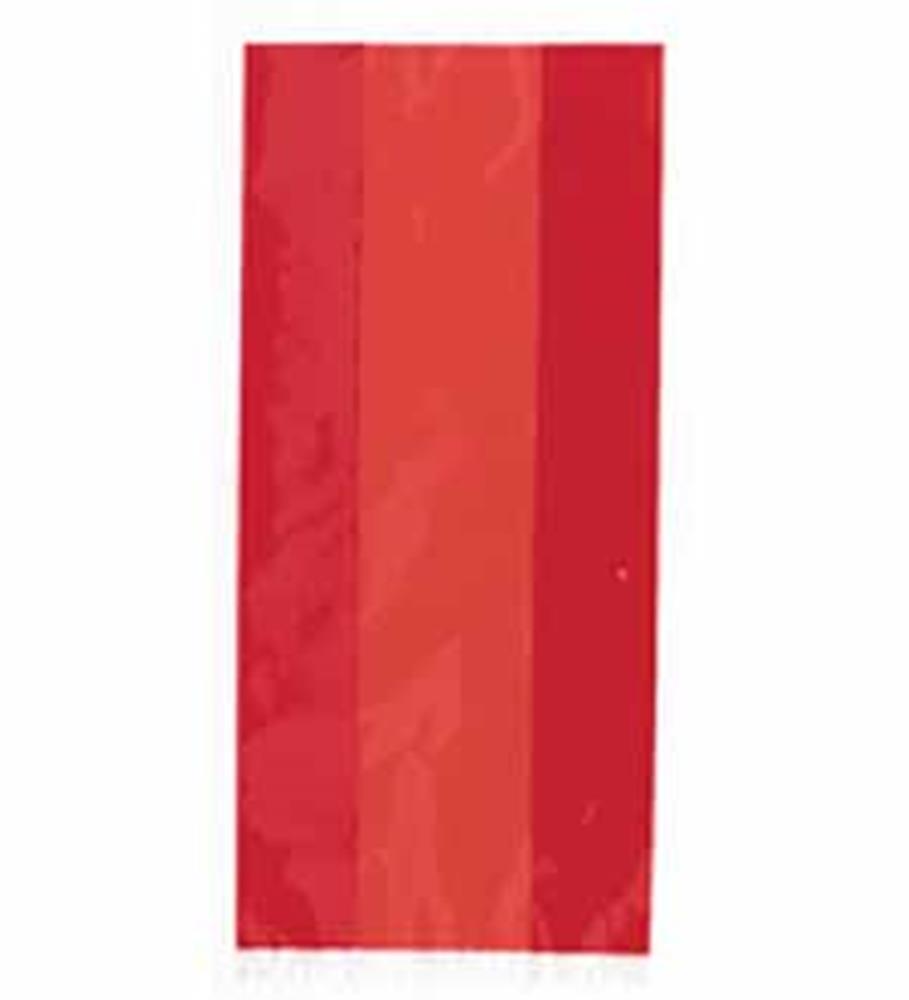 Ruby red translucent cello bag with smooth glossy finish and rectangular shape.