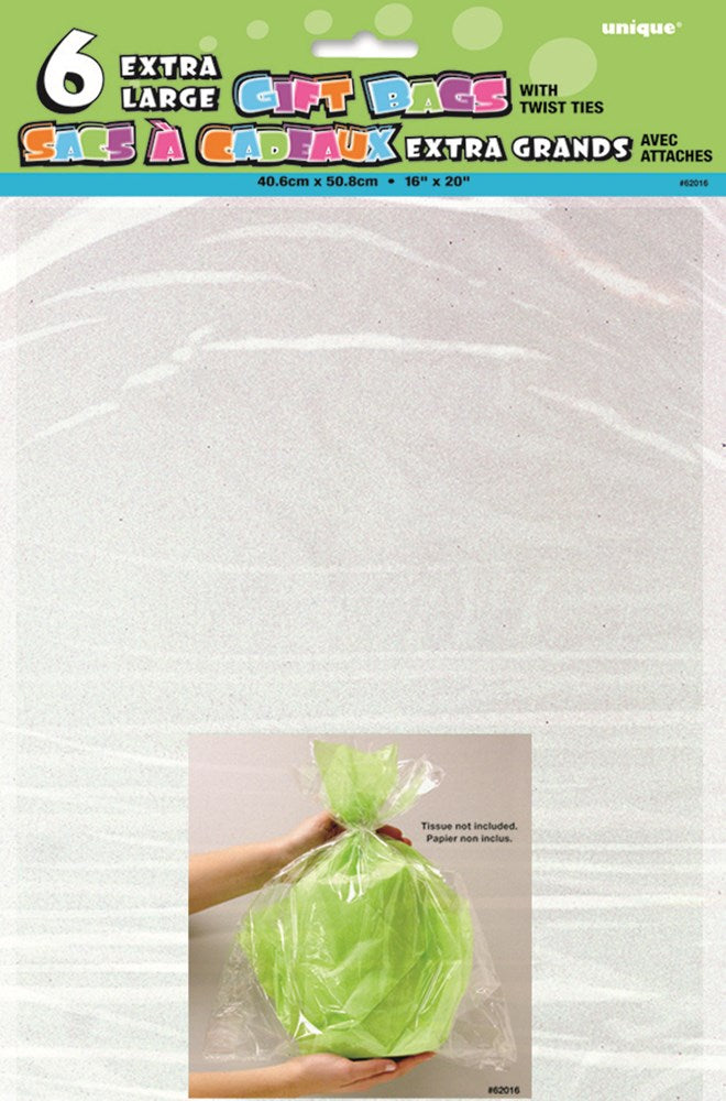 Clear extra-large 16x20 inch cello bags, six count, with sealed top edges for candy or gift wrapping.