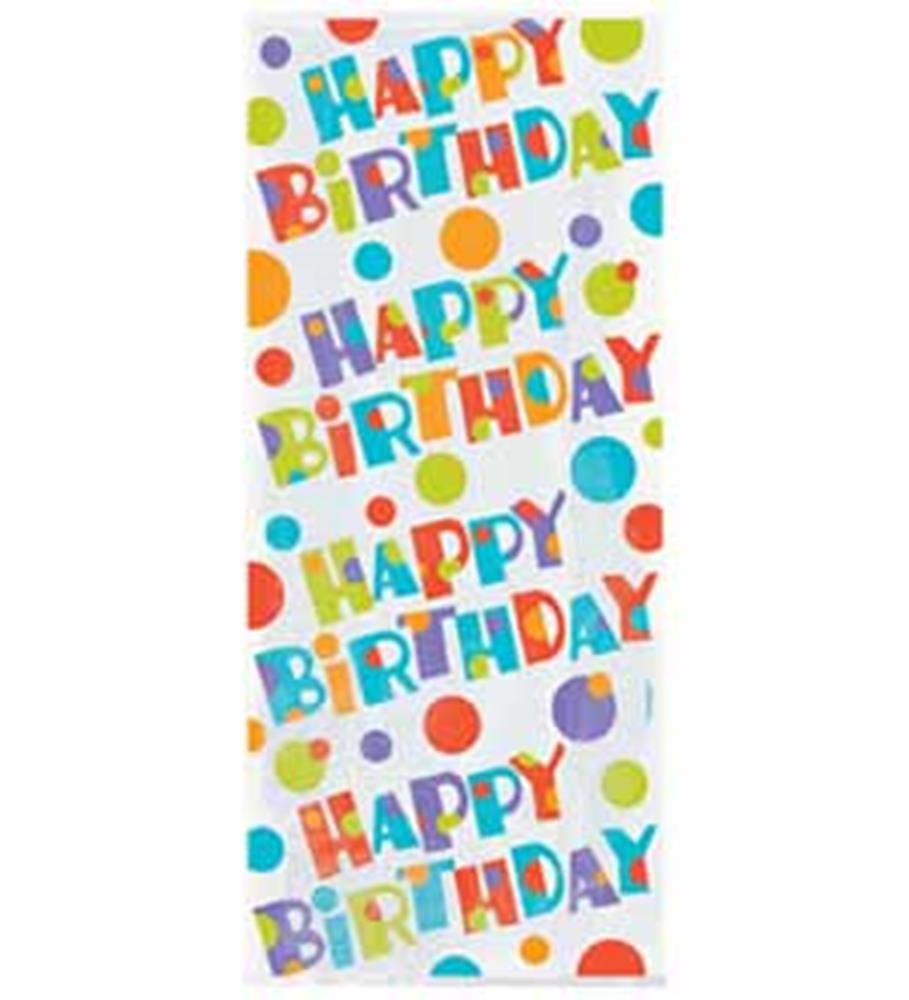 Clear cello bag with colorful "Happy Birthday" text and multicolored confetti dots design.