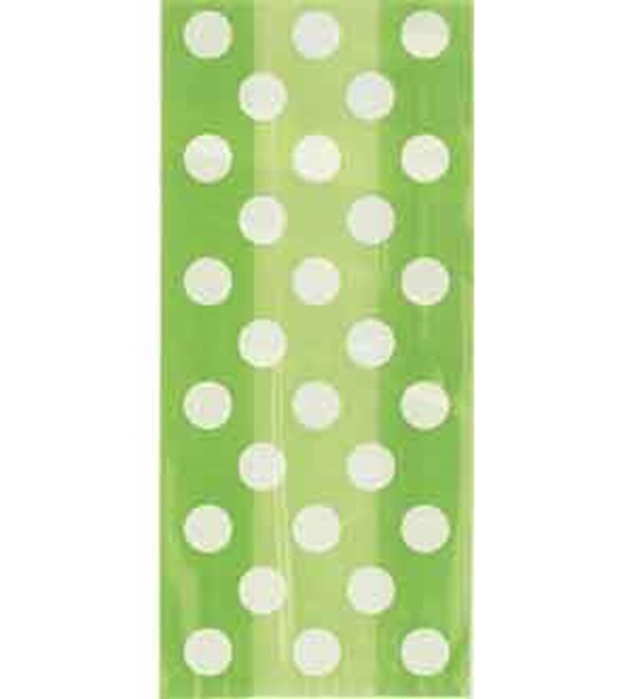 Green translucent cello bag with evenly spaced large white polka dots, rectangular shape.