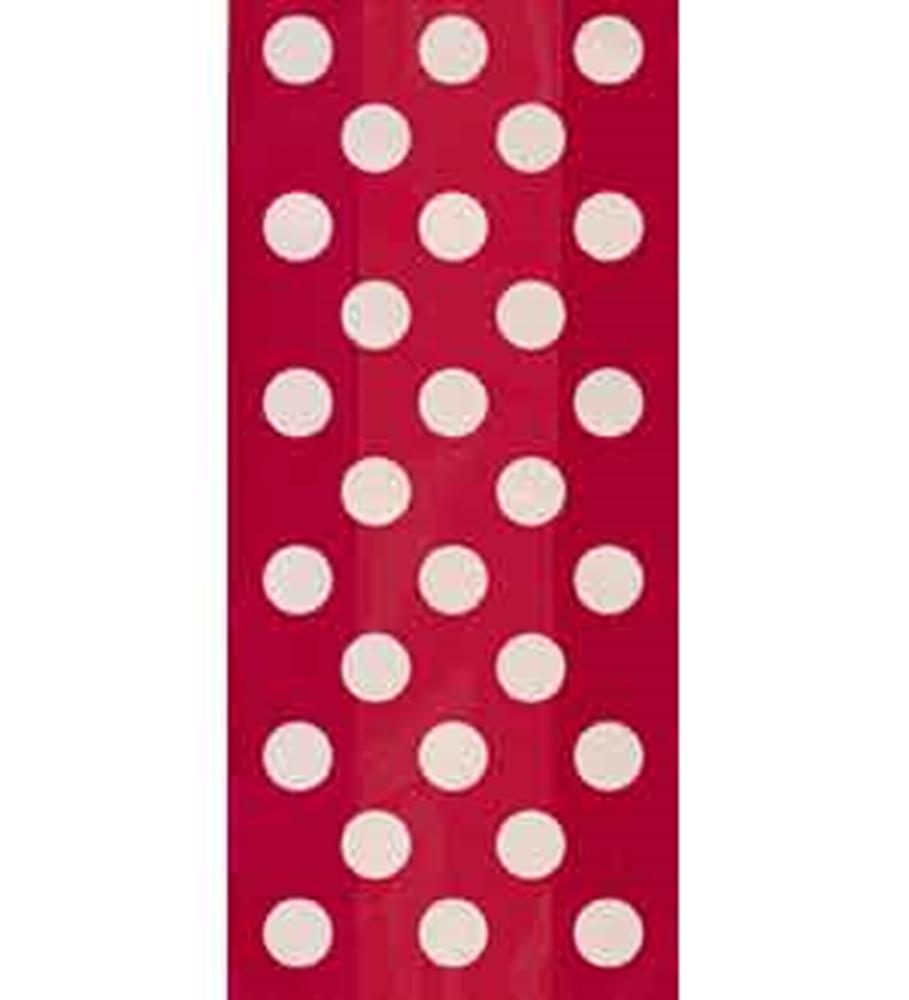 Red cello bag with evenly spaced large white polka dots in a vertical pattern.