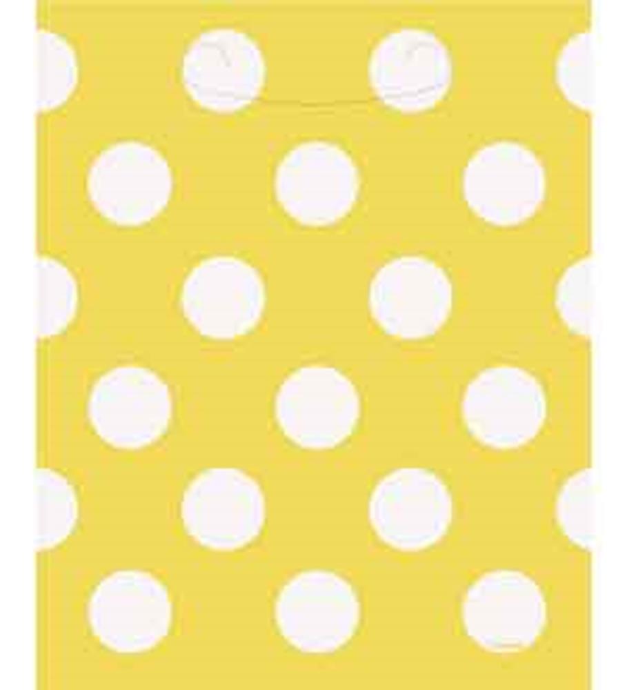 Bright yellow loot bag with large white polka dots evenly spaced across the surface.