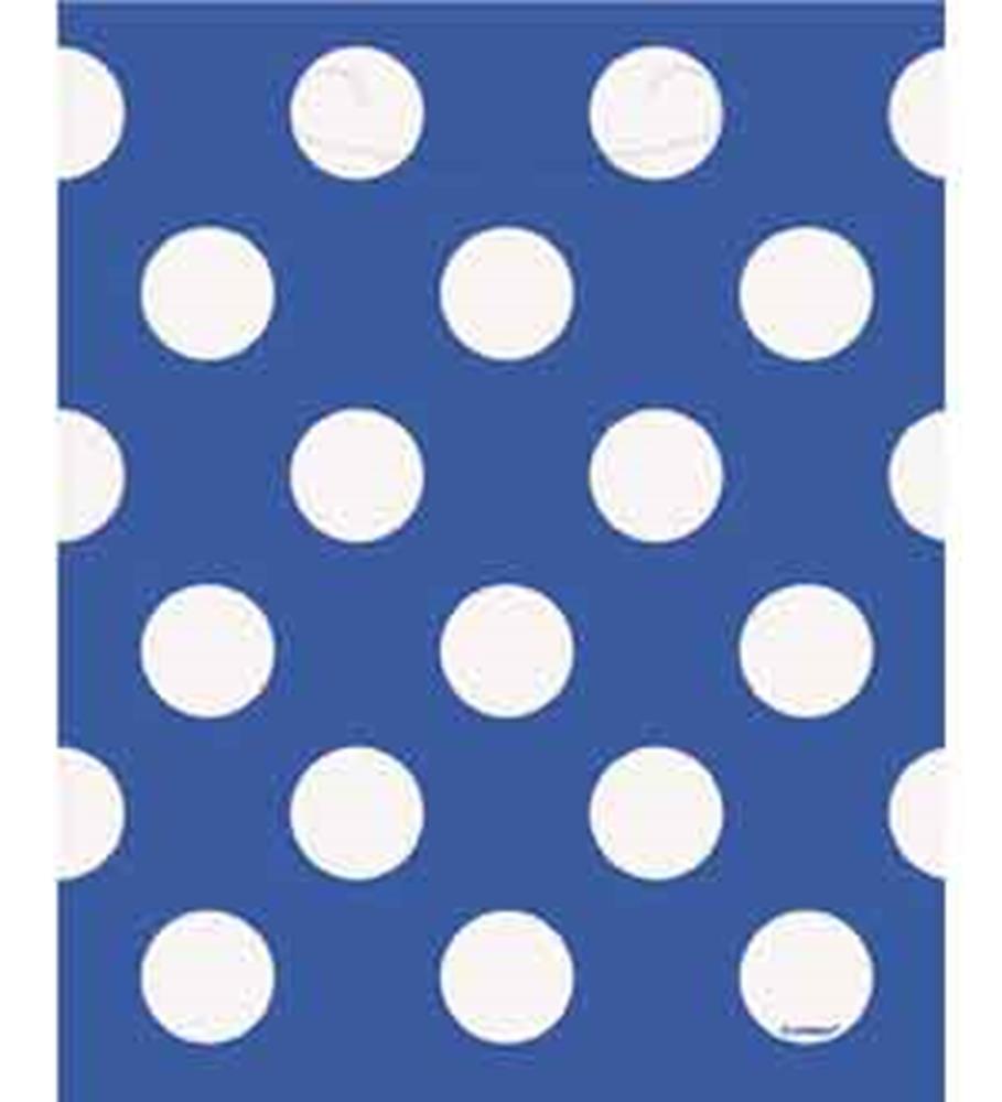 Royal blue party loot bag covered in evenly spaced large white polka dots.
