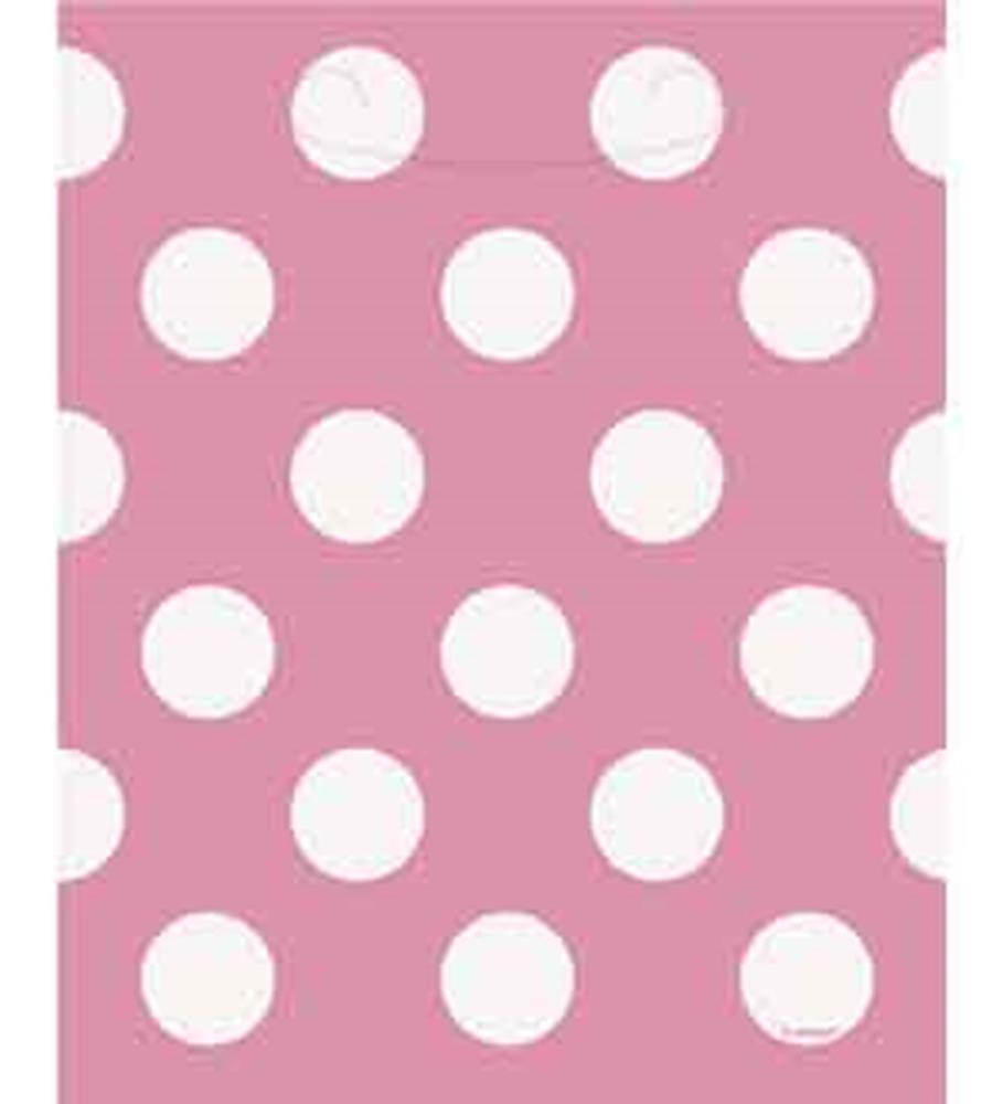 Hot pink rectangular bag with large white polka dots, smooth glossy finish.