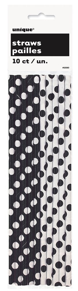 Set of 10 black and white paper party straws with large polka dots in alternating colors.