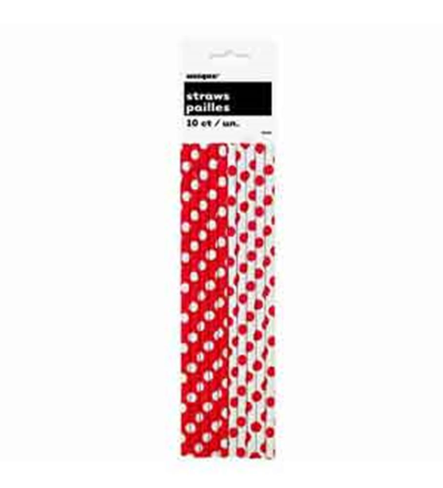 Pack of 10 red and white paper straws with large polka dots in two alternating patterns.
