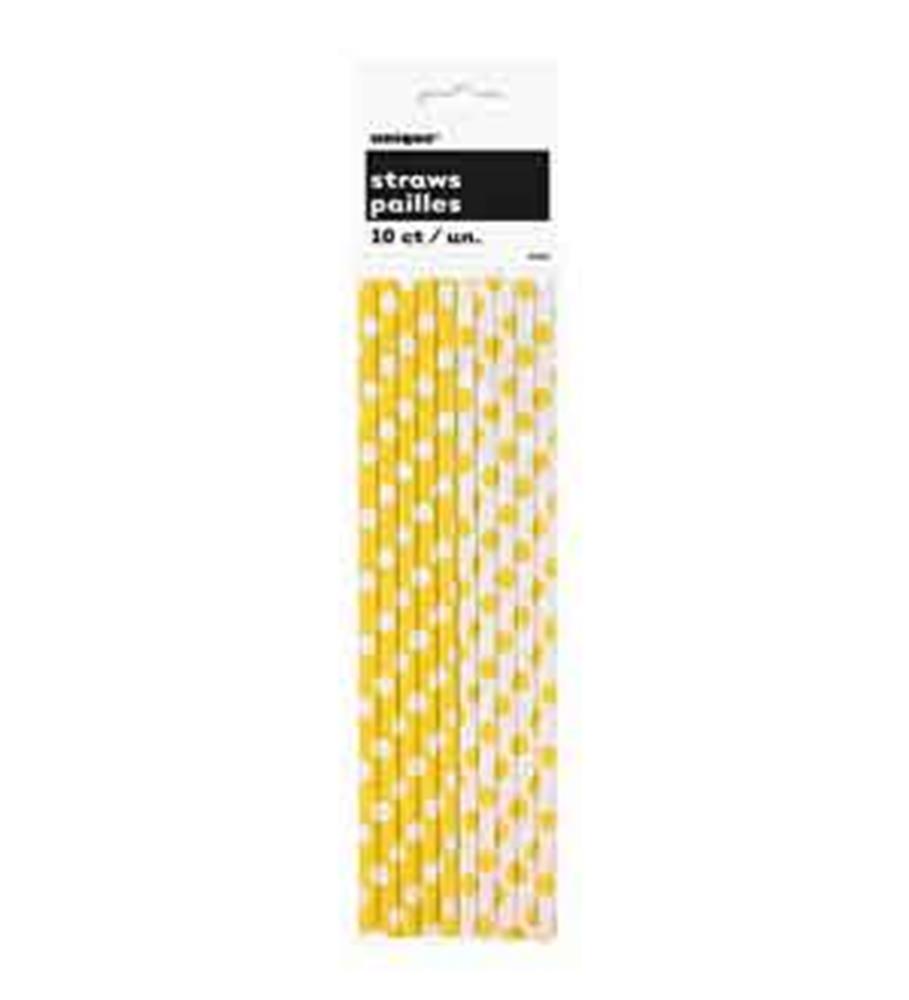 Set of 10 paper straws with alternating yellow and white polka dot patterns.