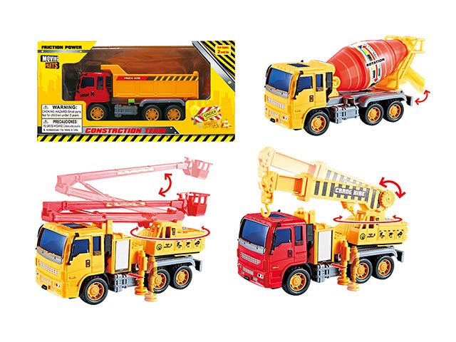 Set of four colorful construction toy vehicles including a concrete mixer, crane truck, fire truck, and red-and-yellow dump.