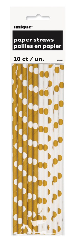 Pack of 10 gold paper straws with white polka dots in clear plastic packaging.