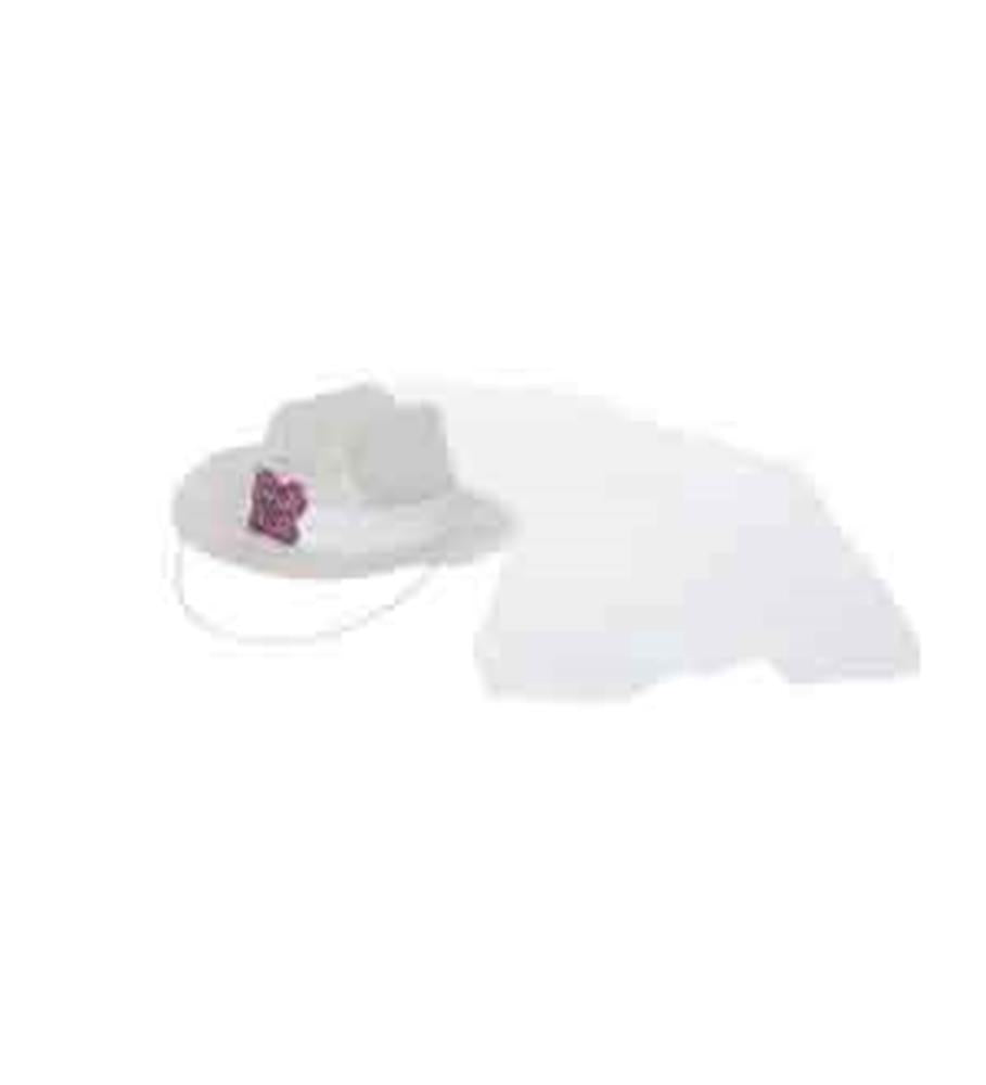 Mini white cowboy hat with a veil and pink "Bride To Be" decoration in a glittery style.