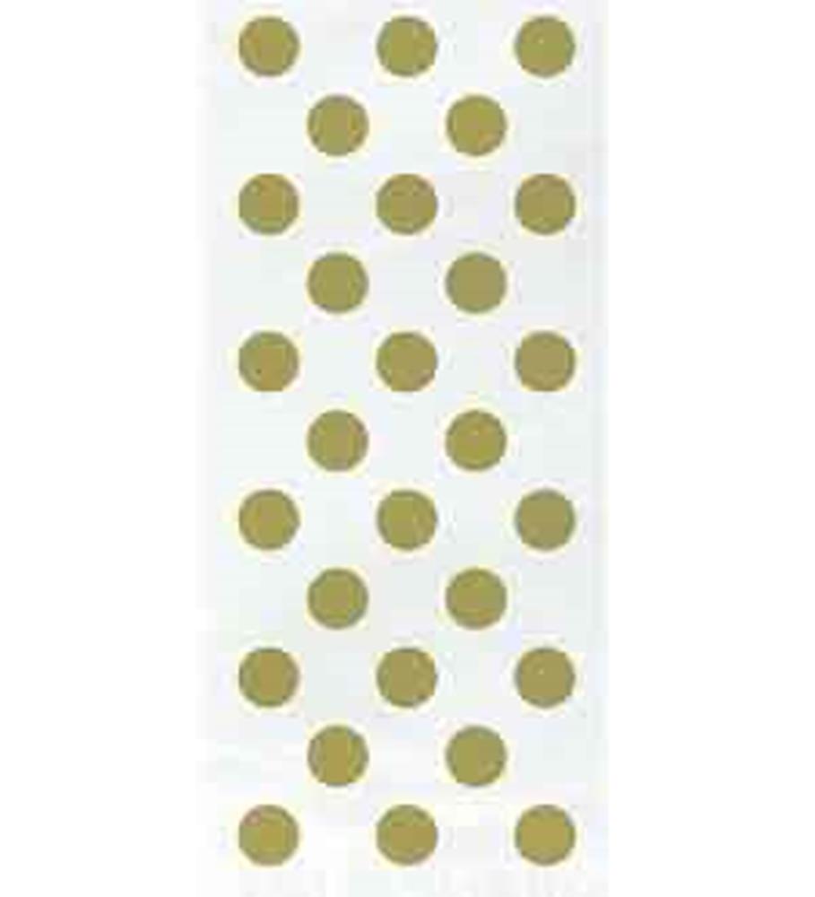 Clear cello bag with shiny gold polka dots arranged in vertical rows.