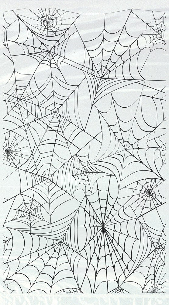 Clear cello bag with black spider web designs, featuring small spiders, 5x9 inches, Halloween theme.