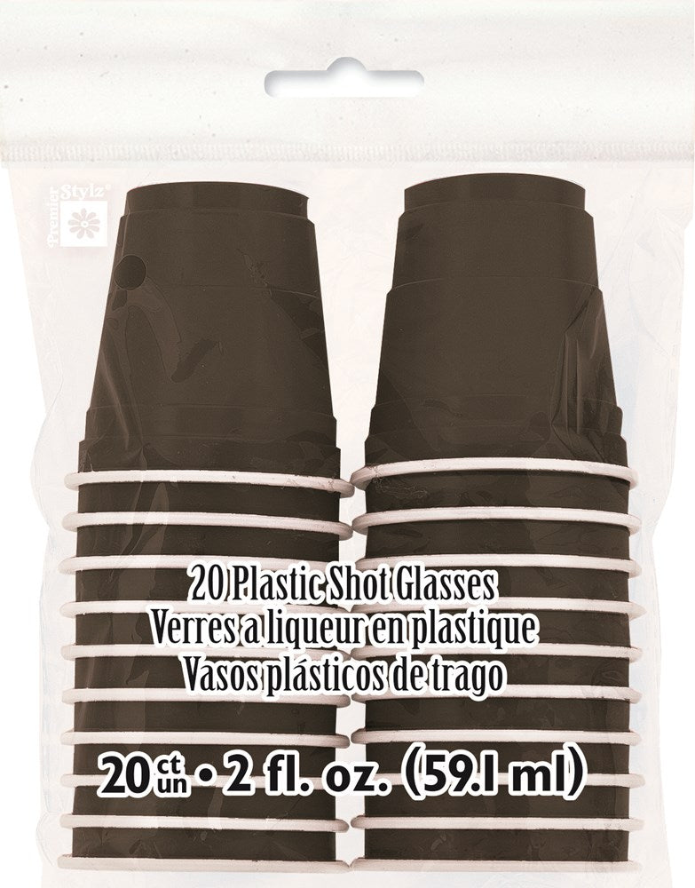 Stack of black plastic shot glasses with white rims, 20 count pack.