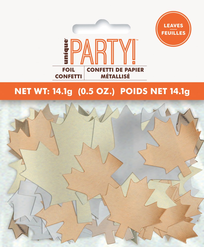 Mixed metallic gold, bronze, and silver oversized leaf-shaped confetti pieces in various maple leaf designs.