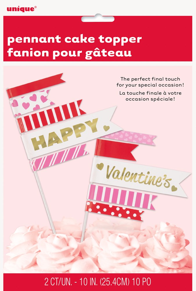 Valentines Day pennant cake toppers with red, pink, and white stripes and polka dots, featuring "Happy" and "Valentines".