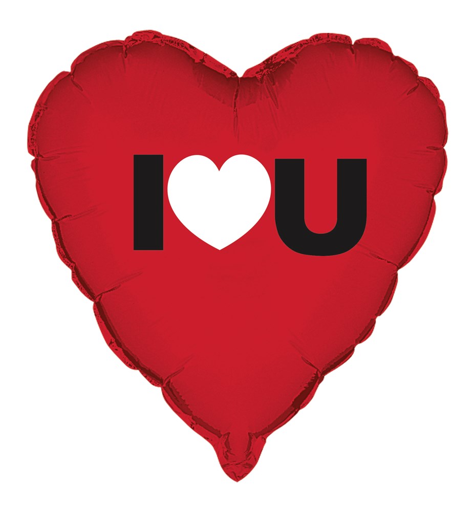 Red heart-shaped foil balloon with bold "I ♥ U" text in black and white.