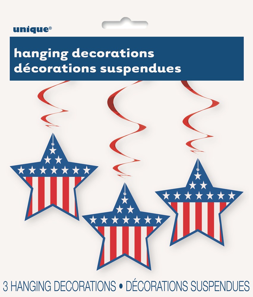 Three hanging star-shaped swirls with red, white, and blue stripes and white stars on blue top sections, each suspended by a