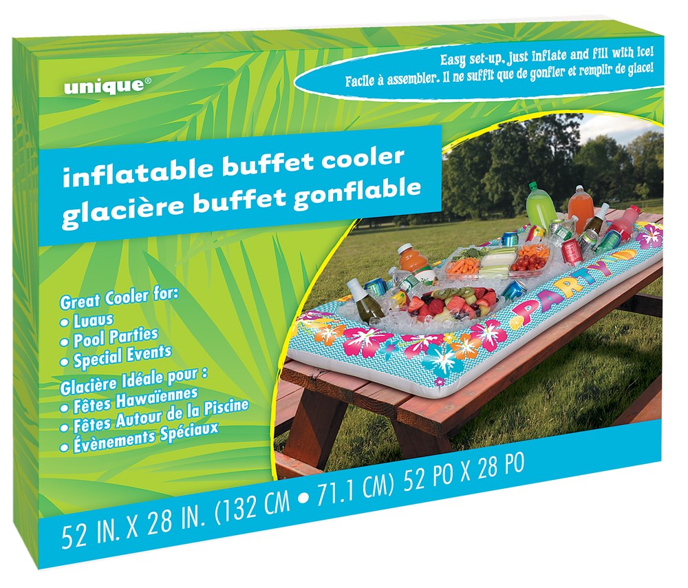 Rectangular inflatable buffet cooler with tropical floral and lei print, pink and blue colors, holds ice and drinks for.