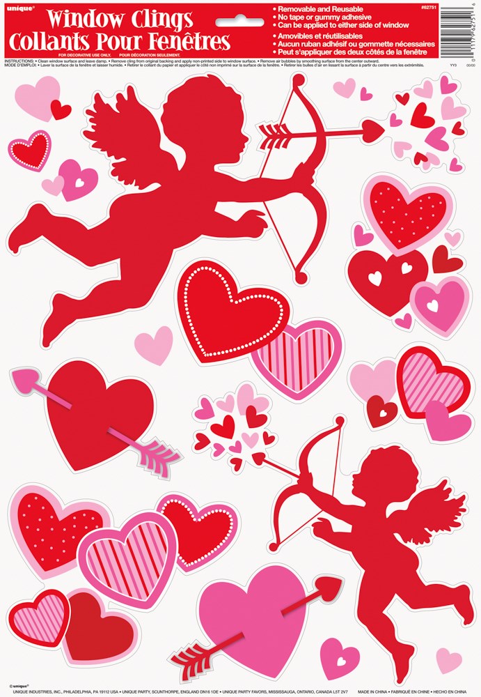 Red and pink heart-shaped window clings with two red cupid silhouettes aiming bows and arrows, decorated with smaller hearts