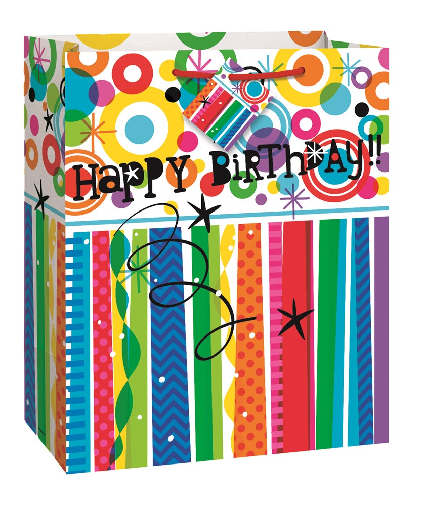 Colorful birthday gift bag with vibrant stripes and circles, "Happy Birthday!" text, and decorative stars.