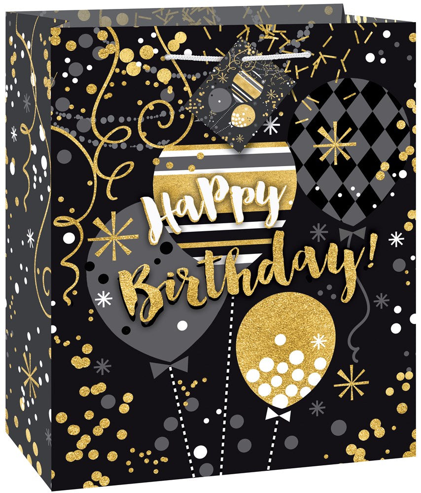 Black and gold medium gift bag with Happy Birthday balloons and confetti design.