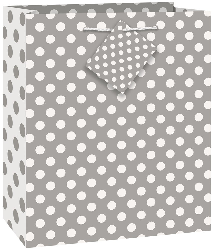 Silver gift bag with white polka dots and matching tag, medium size paper bag with handles.
