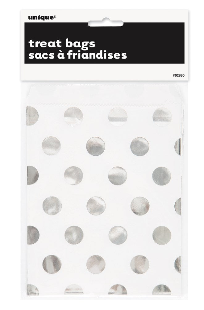 Clear treat bags with shiny silver polka dots, packaged in a set of eight.