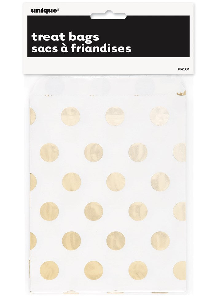 White treat bags with evenly spaced metallic gold polka dots, packaged in a clear sleeve with a black and white label.