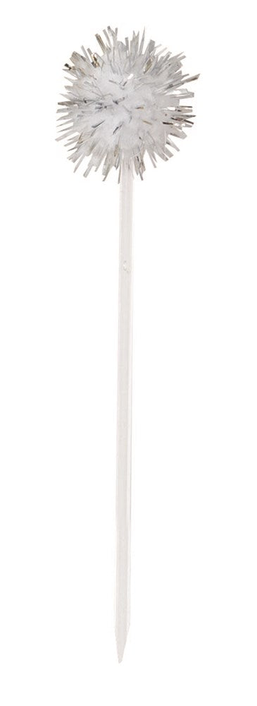 White plastic cocktail pick with a spiky pom-pom top and a pointed end.