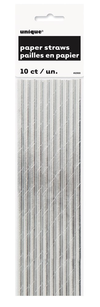 Pack of 10 silver foil paper straws with shiny metallic finish in clear plastic packaging.