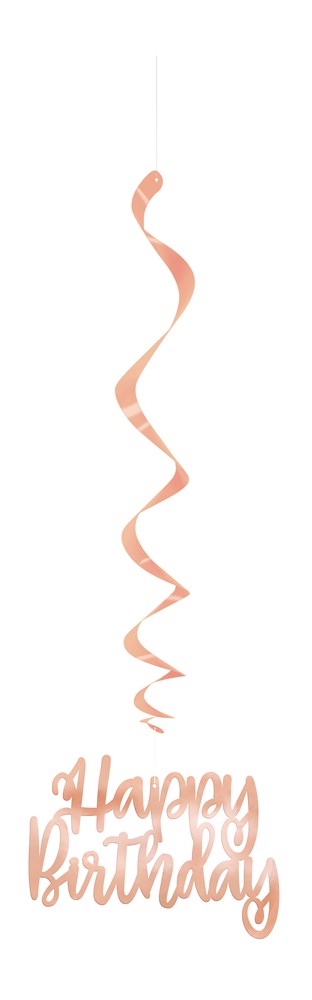 Rose gold metallic swirl hanging decoration with "Happy Birthday" cutout, 32 inches long.