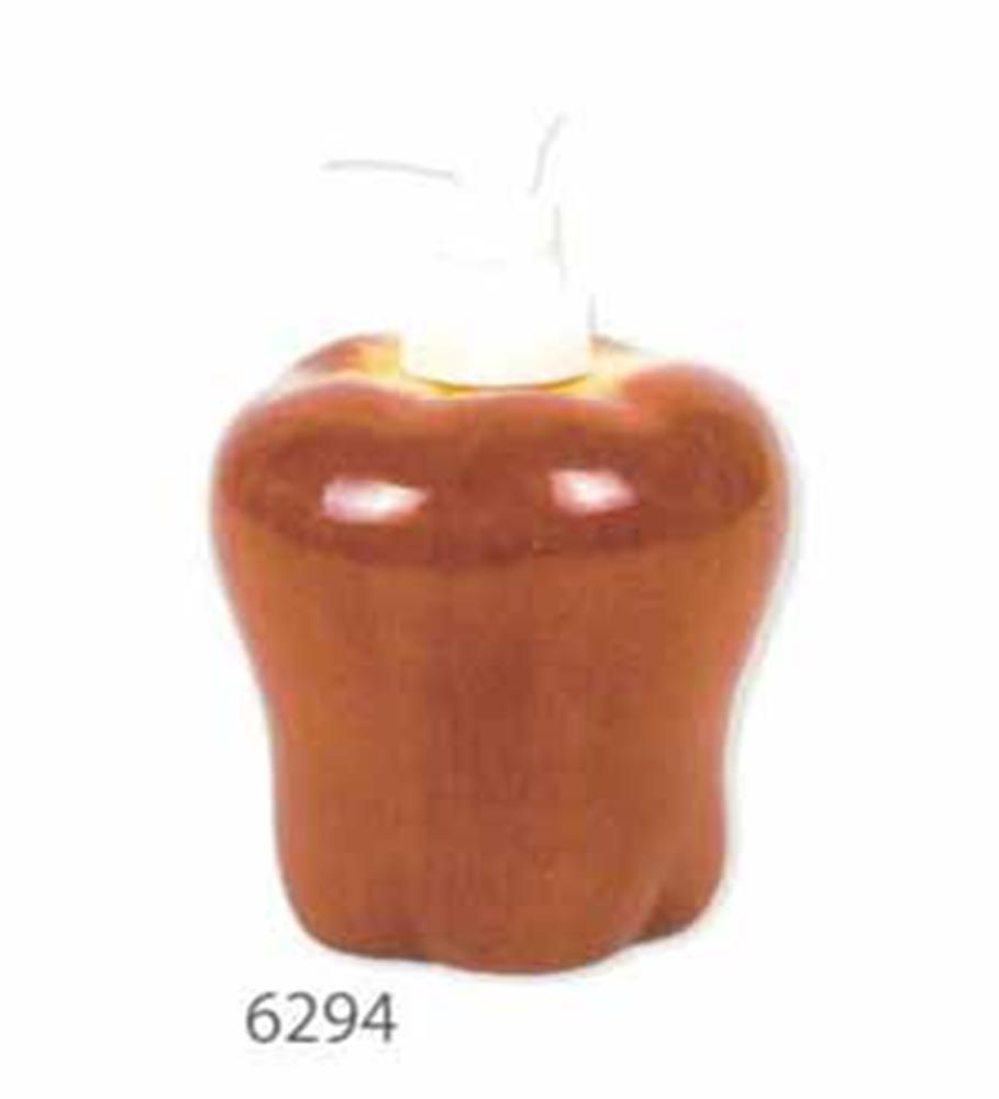 Brown apple-shaped soap dispenser with a shiny finish and clear pump top.