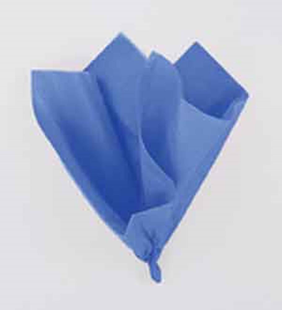 Royal blue tissue sheets folded and fanned neatly against a white background.