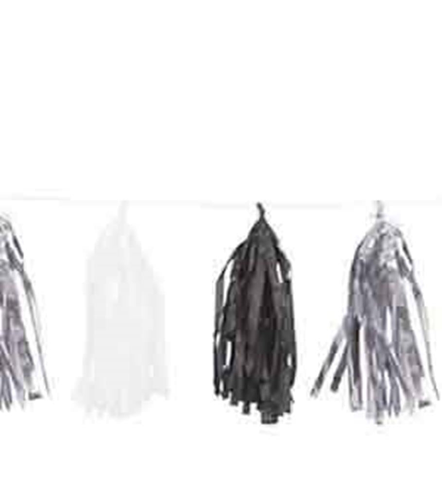 9ft garland with hanging tissue tassels in silver, black, and white colors.