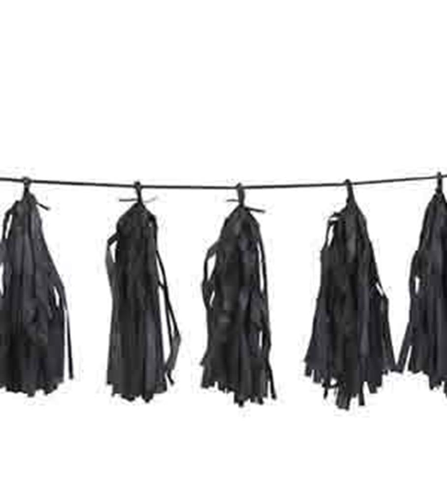 Black tissue paper tassel garland with five tassels on a thin string, 9 feet long.